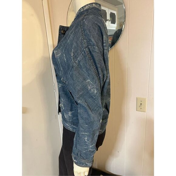 Free People Tattered Tennis Bomber Zip & Snap Front Distressed Jacket M - Picture 5 of 12